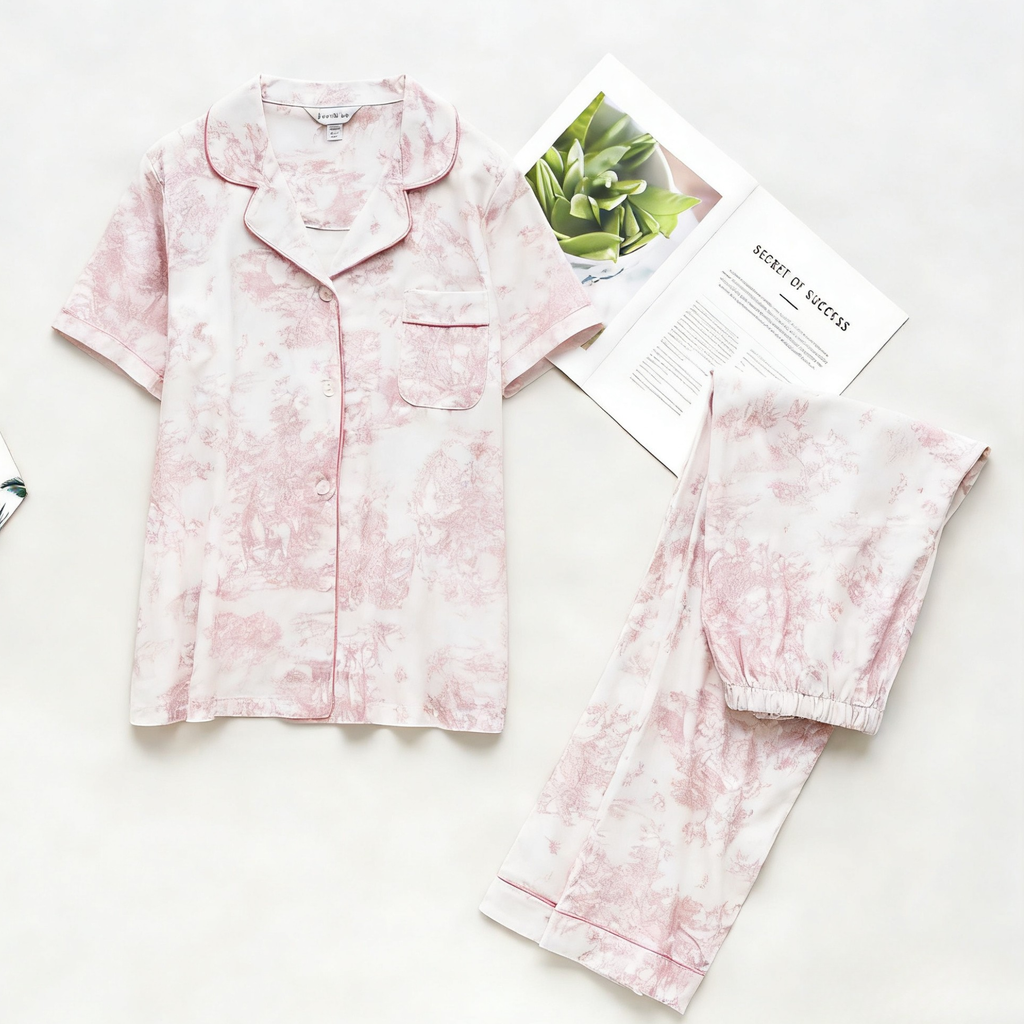 Pink Toile Viscose Pajama Set – Short Sleeve Pajamas