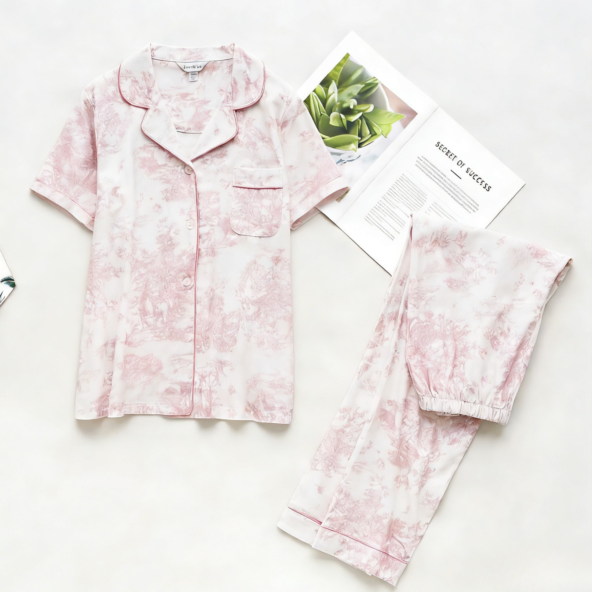 Pink Toile Viscose Pajama Set – Short Sleeve Pajamas