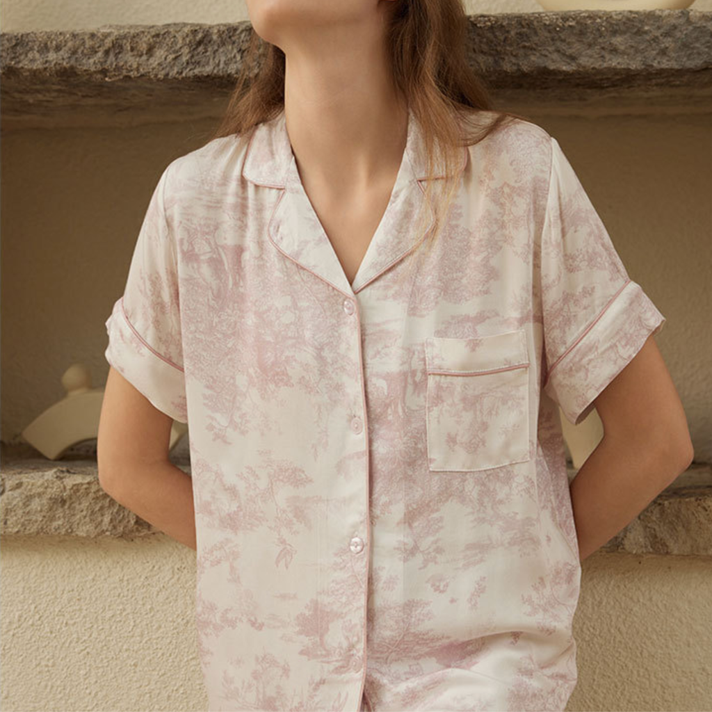 Pink Toile Viscose Pajama Set – Short Sleeve Pajamas